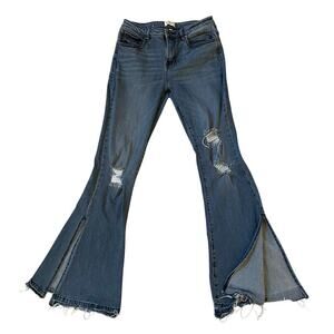 Shyanne Women's Mid Release Hem Side Slit Flare Jeans | 31x34 Distressed Bootcut